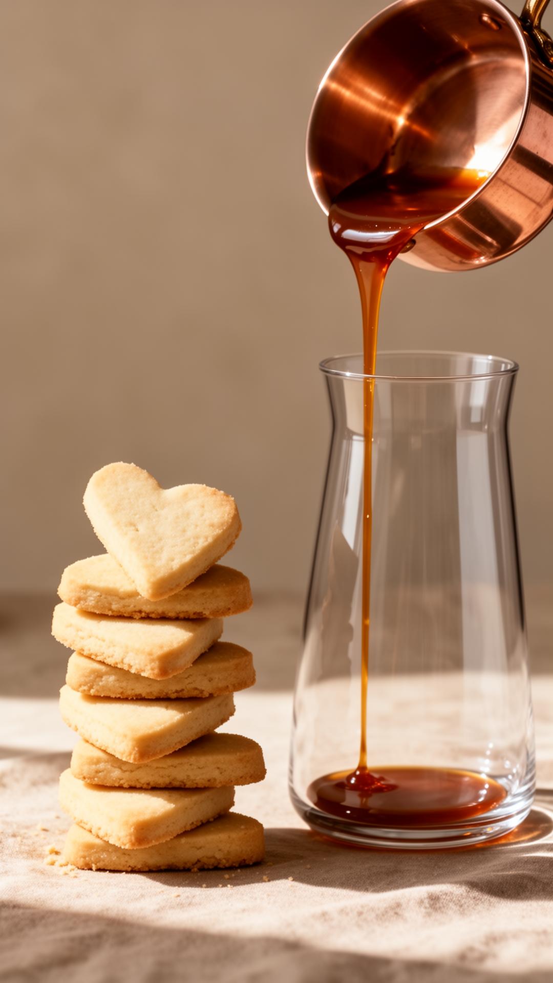 Stack of heart-shaped brown butter snaps beside a copper saucepan of brown butter