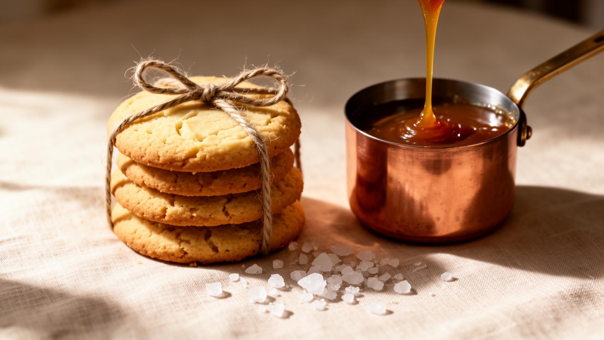 Stack of brown butter cookies tied with twine beside a copper saucepan of brown butter